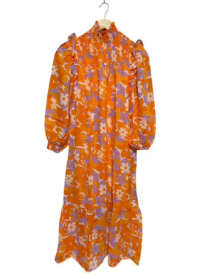 NEW LOOK |M| BUST 16| B18| VIBRANT ORANGE AND LILAC FLORAL SMOCKED MIDI DRESS