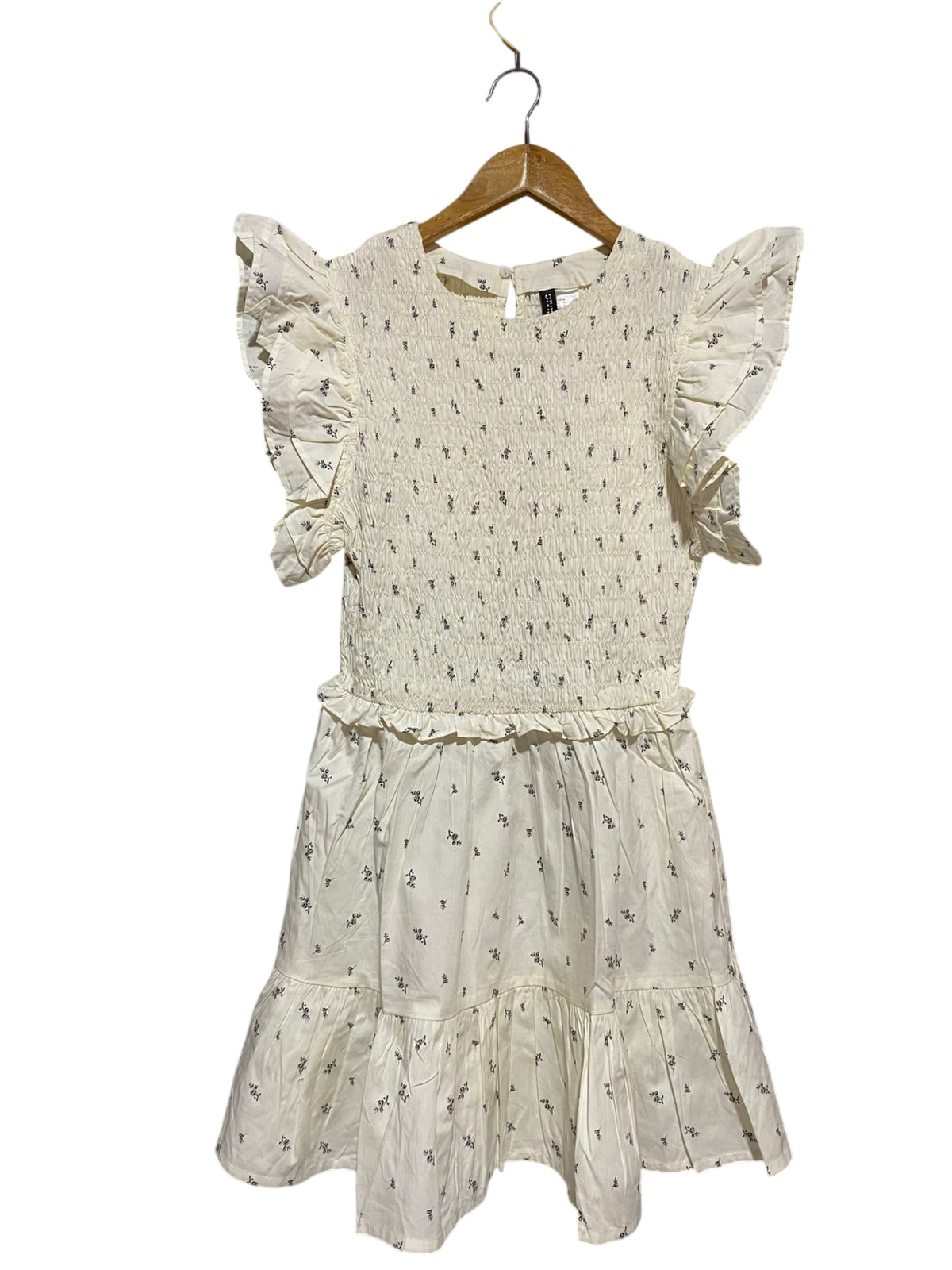 H&M |M| BUST 15| B18| SMOCKED FLORAL MINI DRESS WITH FLUTTER SLEEVES