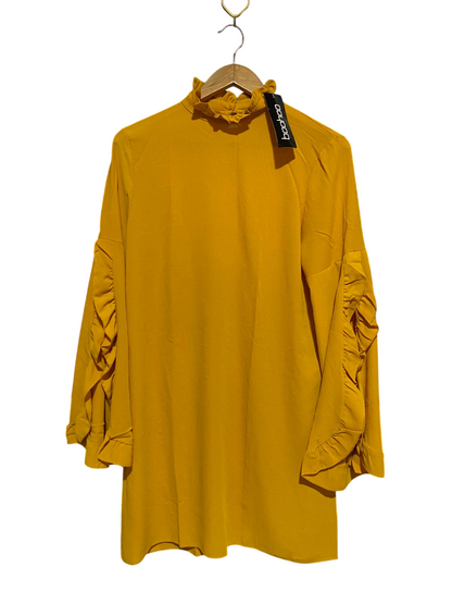 BOOHOO |XL| BUST 20| B18| MUSTARD YELLOW FRILLED HIGH-NECK SHIFT DRESS