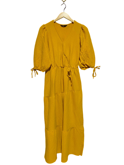 |M| BUST  17| B18| VIBRANT MUSTARD TIERED MIDI DRESS WITH PUFF SLEEVES