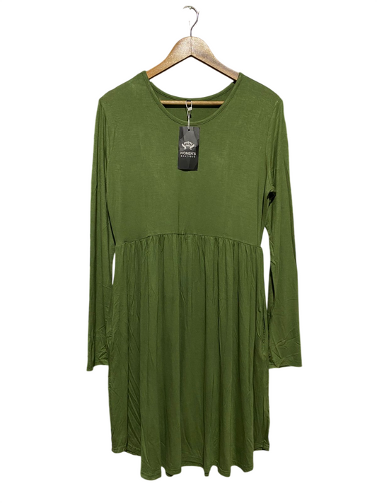 |XL| BUST 19| B18|  CHIC OLIVE GREEN LONG-SLEEVE EMPIRE WAIST DRESS