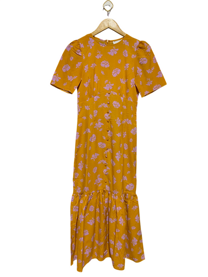 ASOS |S| BUST 15| B18|  VIBRANT MUSTARD FLORAL TEA DRESS WITH PUFF SLEEVES
