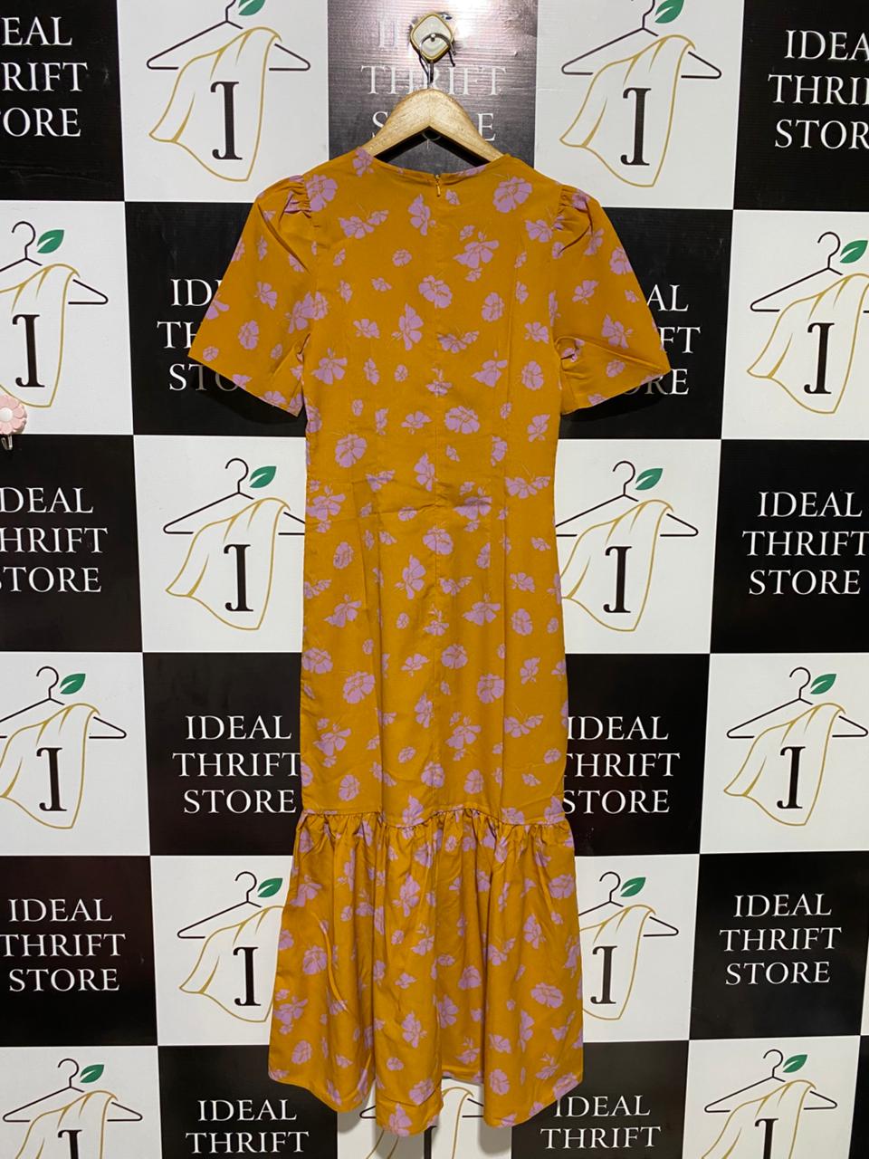 ASOS |S| BUST 15| B18|  VIBRANT MUSTARD FLORAL TEA DRESS WITH PUFF SLEEVES