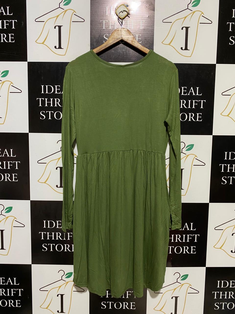 |XL| BUST 19| B18|  CHIC OLIVE GREEN LONG-SLEEVE EMPIRE WAIST DRESS