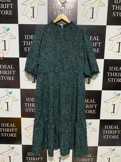 NEW LOOK CURVES |XL| BUST 22| B18| CHIC DARK EMERALD LEOPARD PRINT SMOCK DRESS