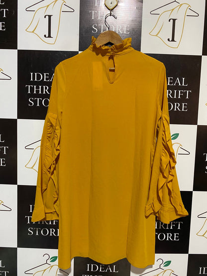 BOOHOO |XL| BUST 20| B18| MUSTARD YELLOW FRILLED HIGH-NECK SHIFT DRESS