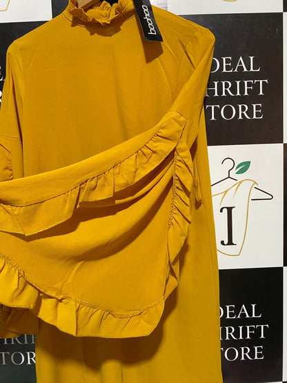 BOOHOO |XL| BUST 20| B18| MUSTARD YELLOW FRILLED HIGH-NECK SHIFT DRESS