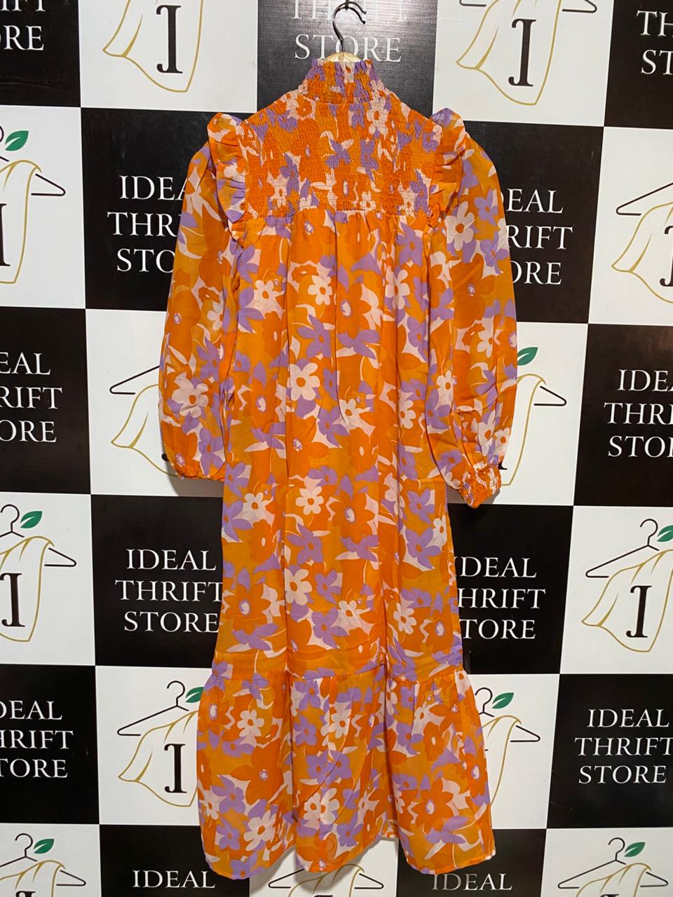 NEW LOOK |M| BUST 16| B18| VIBRANT ORANGE AND LILAC FLORAL SMOCKED MIDI DRESS
