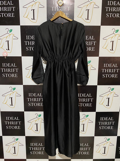 |M| BUST 17| B18| MINIMALIST JET BLACK SATIN FINISH MAXI DRESS WITH SMOCKED WAIST