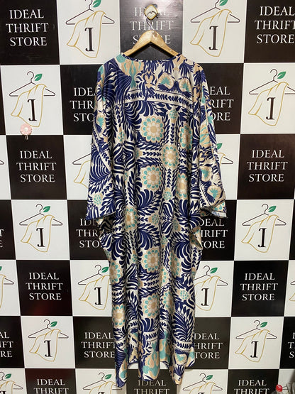 |XL| BUST FREE| B18| BOHEMIAN NAVY AND TEAL FLORAL ARTISAN KAFTAN MAXI DRESS