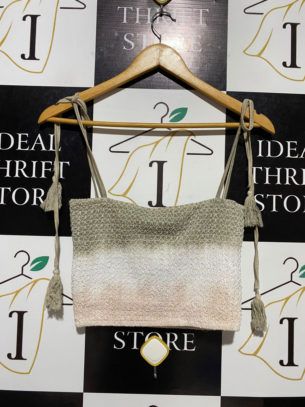WHITE SANDSTORM |S| BUST 13| B17| WHITE SANDSTORM THE LABEL OMBRÉ SMOCKED CAMI TOP WITH TASSEL TIES