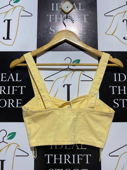 PULL & BEAR | XS| BUST 14| B17| YELLOW DENIM BUTTON-FRONT CROP TOP