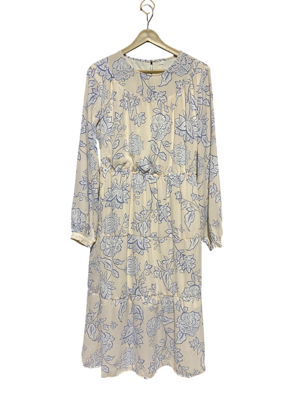 |XL| BUST 21| B18| VINTAGE CREAM AND BLUE FLORAL TIERED MAXI DRESS WITH LONG SLEEVES