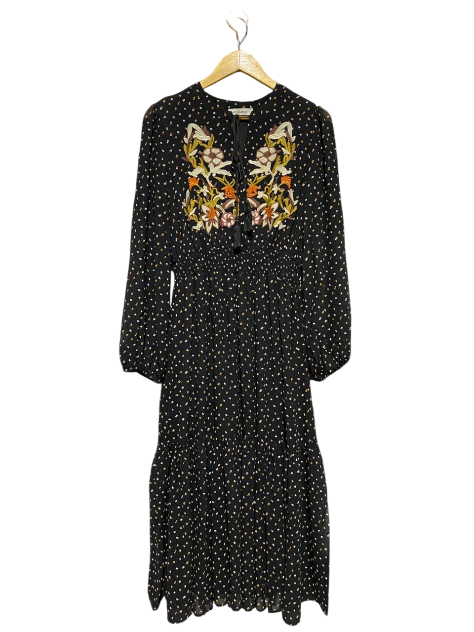 RUSTTY DUSTTY |L| BUST 18| B18| BOHO EMBROIDERED FLORAL BLACK POLKA DOT MAXI DRESS WITH TASSEL TIE