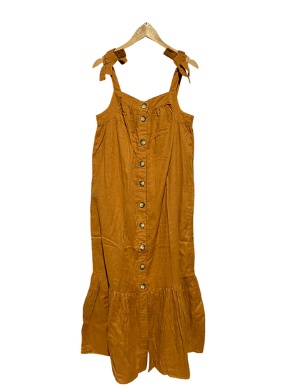 PRIMARK |L| BUST 19| B18| BOHO MUSTARD RUST BUTTON-DOWN MIDI DRESS WITH TIE-UP SHOULDER STRAPS