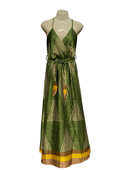 PY |M| BUST 16| B18| VINTAGE ETHNIC GEOMETRIC PRINT GREEN SILK MAXI DRESS WITH BELT