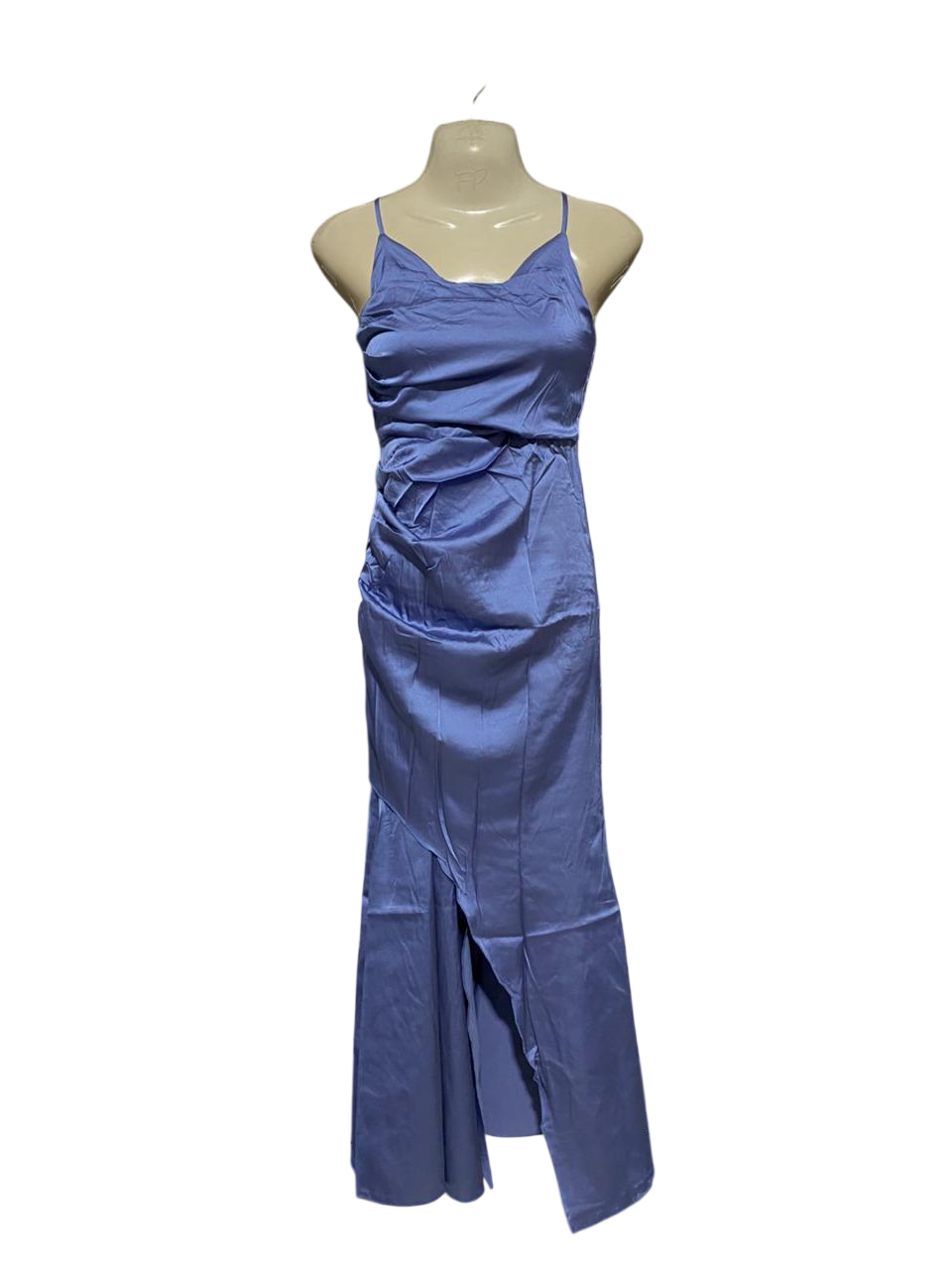 SHEIN |S| BUST 15| B18| ELEGANT PERIWINKLE BLUE SATIN SLIP MAXI DRESS WITH RUFFLED FRONT SLIT