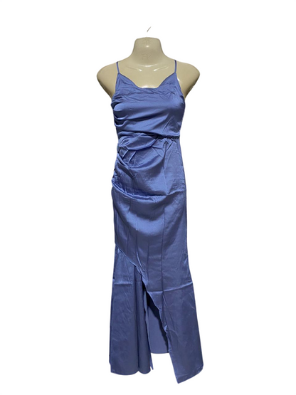 SHEIN |S| BUST 15| B18| ELEGANT PERIWINKLE BLUE SATIN SLIP MAXI DRESS WITH RUFFLED FRONT SLIT