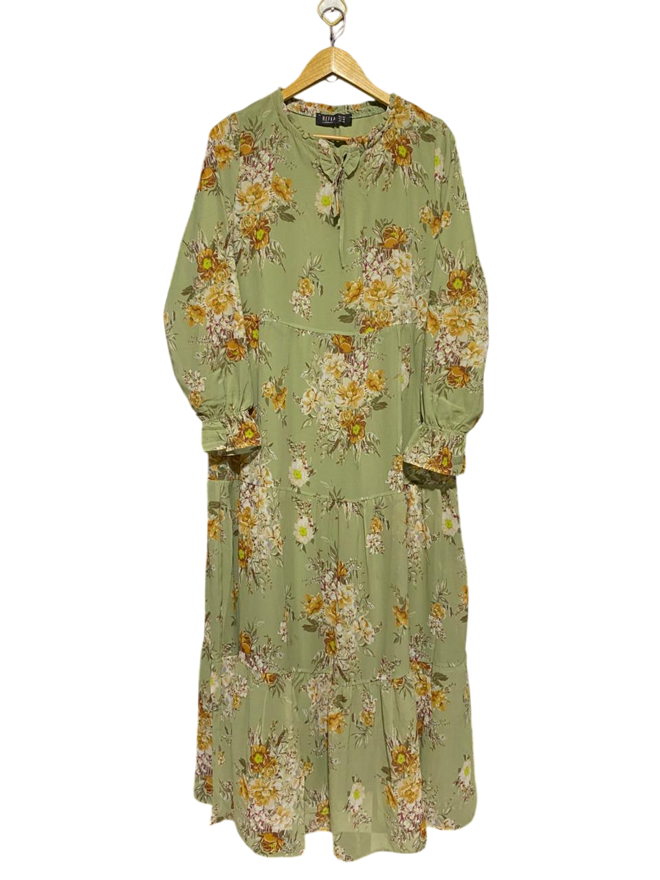 REFKA |XL| BUST 21| B18| SAGE GREEN VINTAGE FLORAL TIERED MAXI DRESS