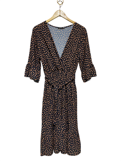 |L| BUST 18| B18| NAVY AND TAN DOTTED WRAP MIDI DRESS