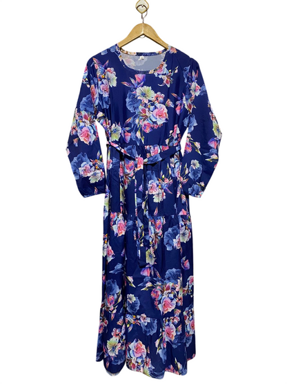 |L| BUST 19| B18| ELEGANT NAVY BLUE FLORAL TIERED MAXI DRESS WITH WAIST TIE