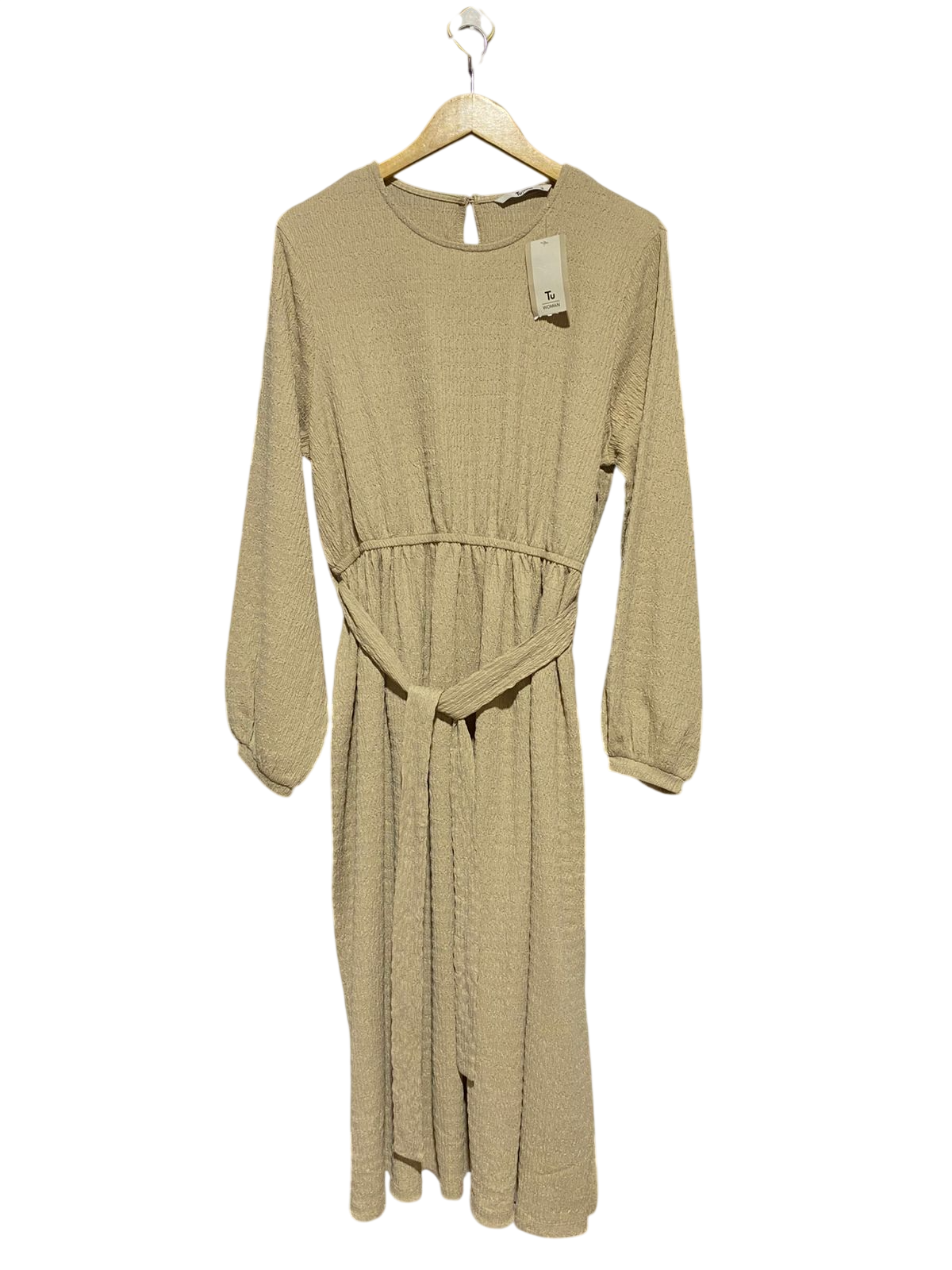 TU WOMAN |L| BUST 20| B19| NEW WITH TAGS BEIGE TEXTURED LONG SLEEVE MAXI DRESS WITH WAIST TIE