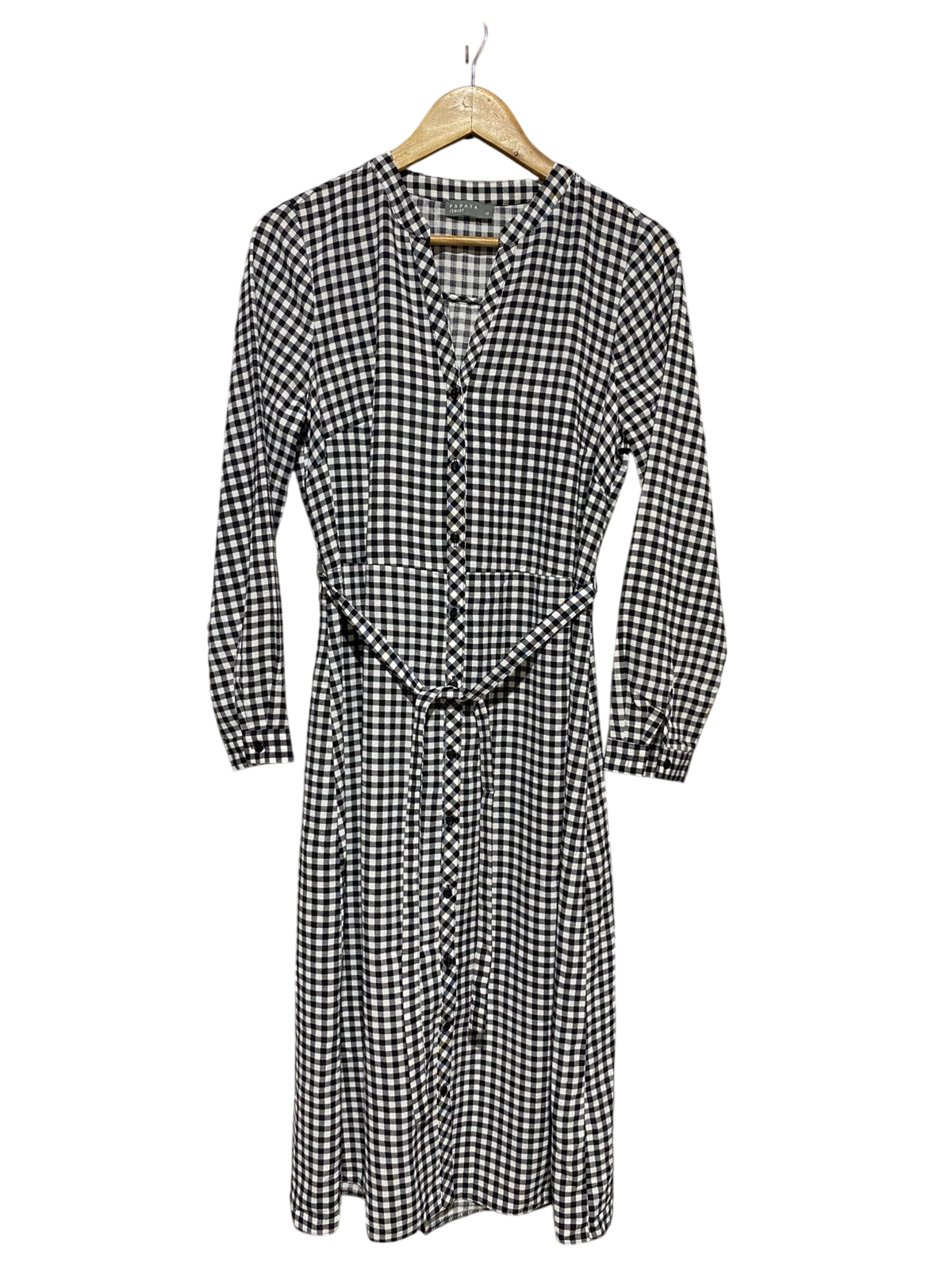PAPAYA |M| BUST 17| B19| BLACK AND WHITE GINGHAM CHECK BUTTON-DOWN MIDI SHIRT DRESS WITH WAIST TIE