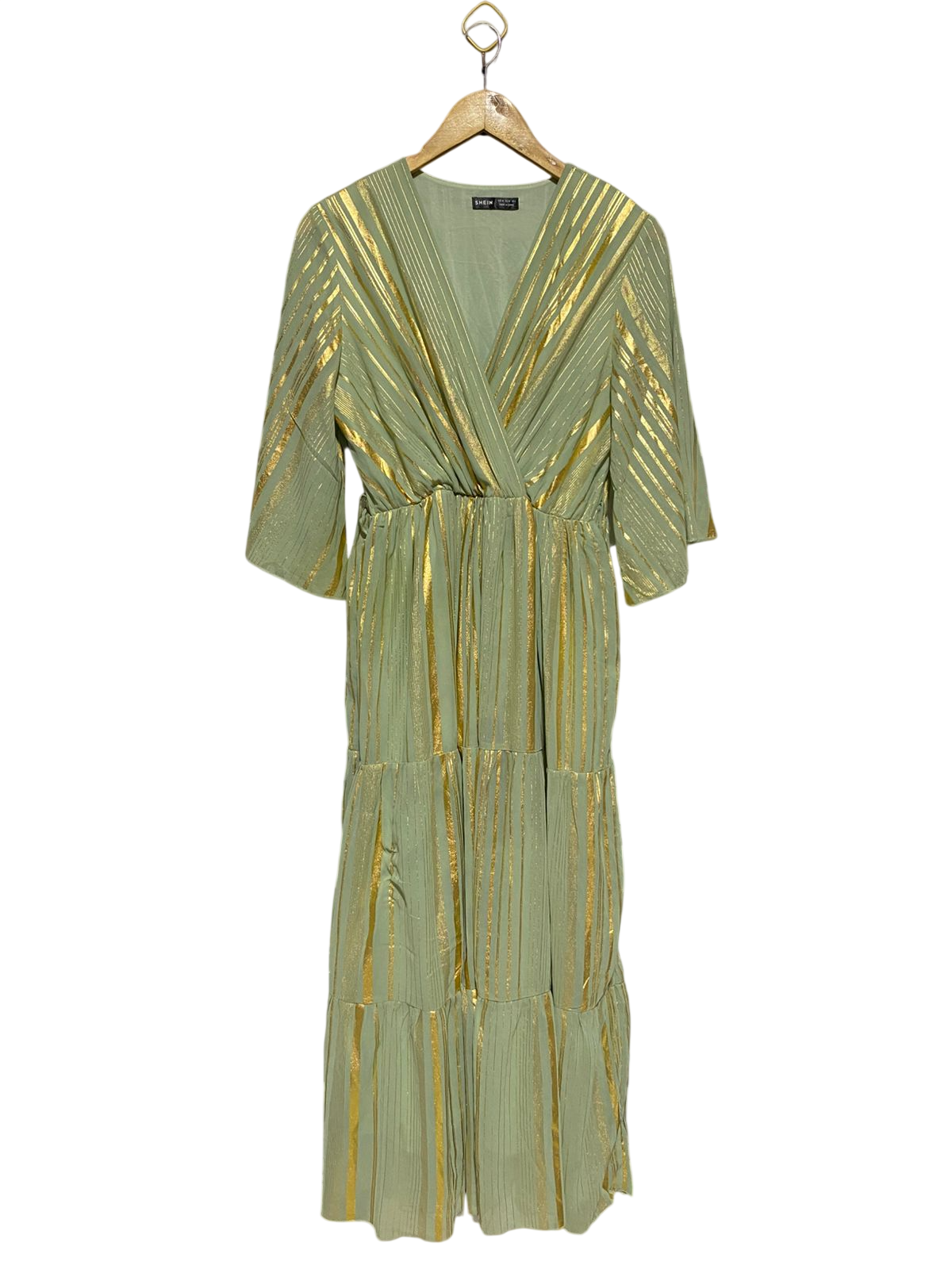 SHEIN |M| BUST 18| B19| V-NECK METALLIC GOLD STRIPE TIERED MAXI DRESS