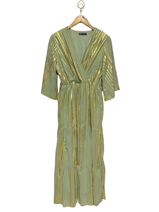 SHEIN |M| BUST 18| B19| V-NECK METALLIC GOLD STRIPE TIERED MAXI DRESS