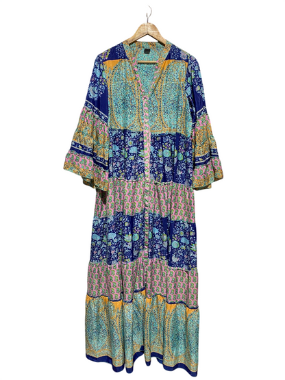 |XL| BUXT 21| B19| BOHEMIAN TIERED MIXED PRINT V-NECK MAXI DRESS