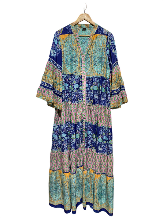|XL| BUXT 21| B19| BOHEMIAN TIERED MIXED PRINT V-NECK MAXI DRESS