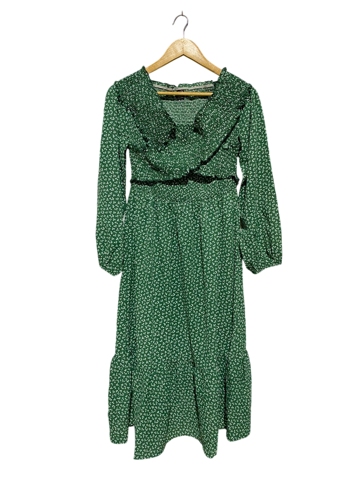 SHEIN |S| BUST 15| B19| DARK GREEN POLKA DOT SMOCKED RUFFLE MIDI MAXI DRESS