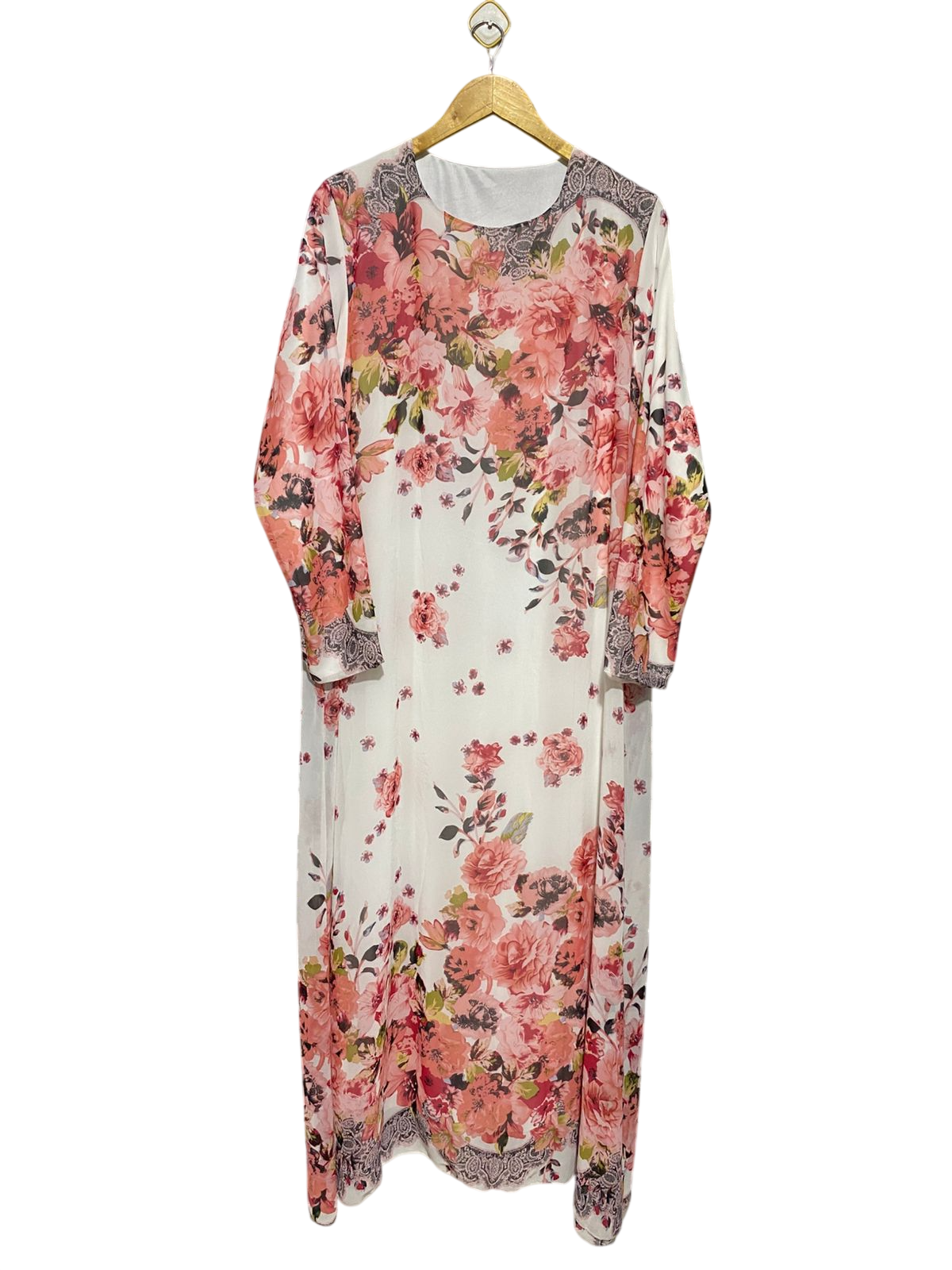 |XL| BUST 21| B19| ELEGANT WHITE FLORAL PRINT LONG SLEEVE MAXI DRESS WITH BORDER