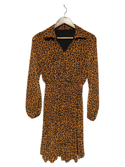 SENES |M| BUST 16| B19| LEOPARD PRINT V-NECK LONG SLEEVE PLEATED MIDI MAXI DRESS