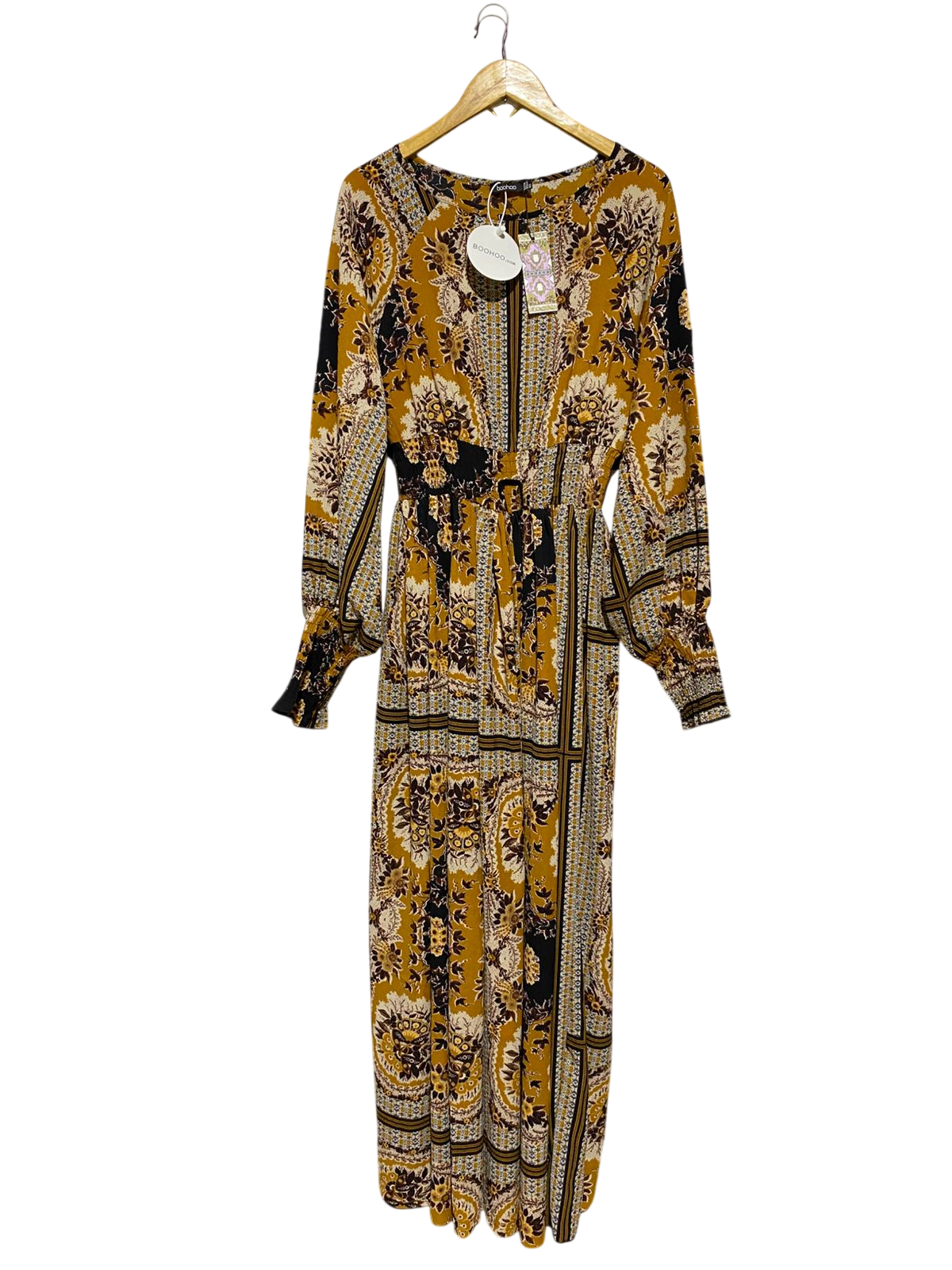 BOOHOO |M| BUST 17| B19| MUSTARD YELLOW BOHO PAISLEY PRINT MAXI DRESS