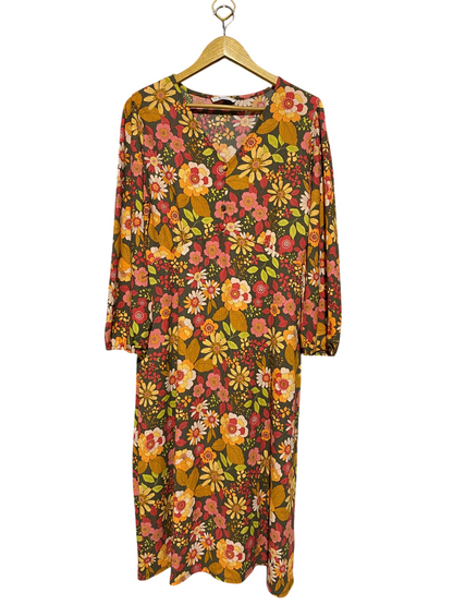 TU WOMAN |L| BUST 19| B19| VINTAGE STYLE RETRO FLORAL V-NECK LONG SLEEVE MIDI MAXI DRESS