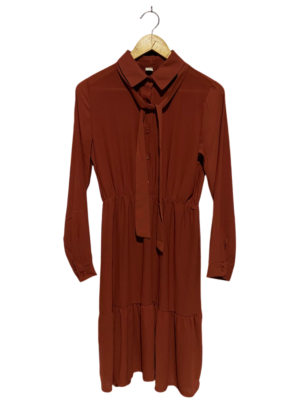 YAMI MODA |L| BUST 18| B19| ELEGANT RUST BROWN LONG SLEEVE BUTTON-DOWN MIDI MAXI DRESS WITH TIE NECK