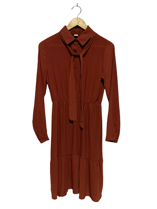 YAMI MODA |L| BUST 18| B19| ELEGANT RUST BROWN LONG SLEEVE BUTTON-DOWN MIDI MAXI DRESS WITH TIE NECK