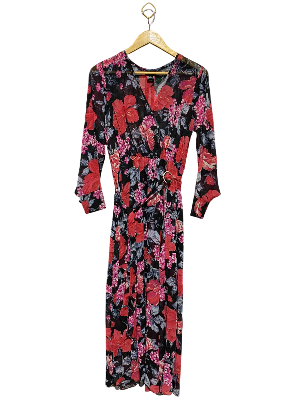 EN FOCUS |M| BUST 17| B19| BLACK RED FLORAL V-NECK LONG SLEEVE MAXI DRESS