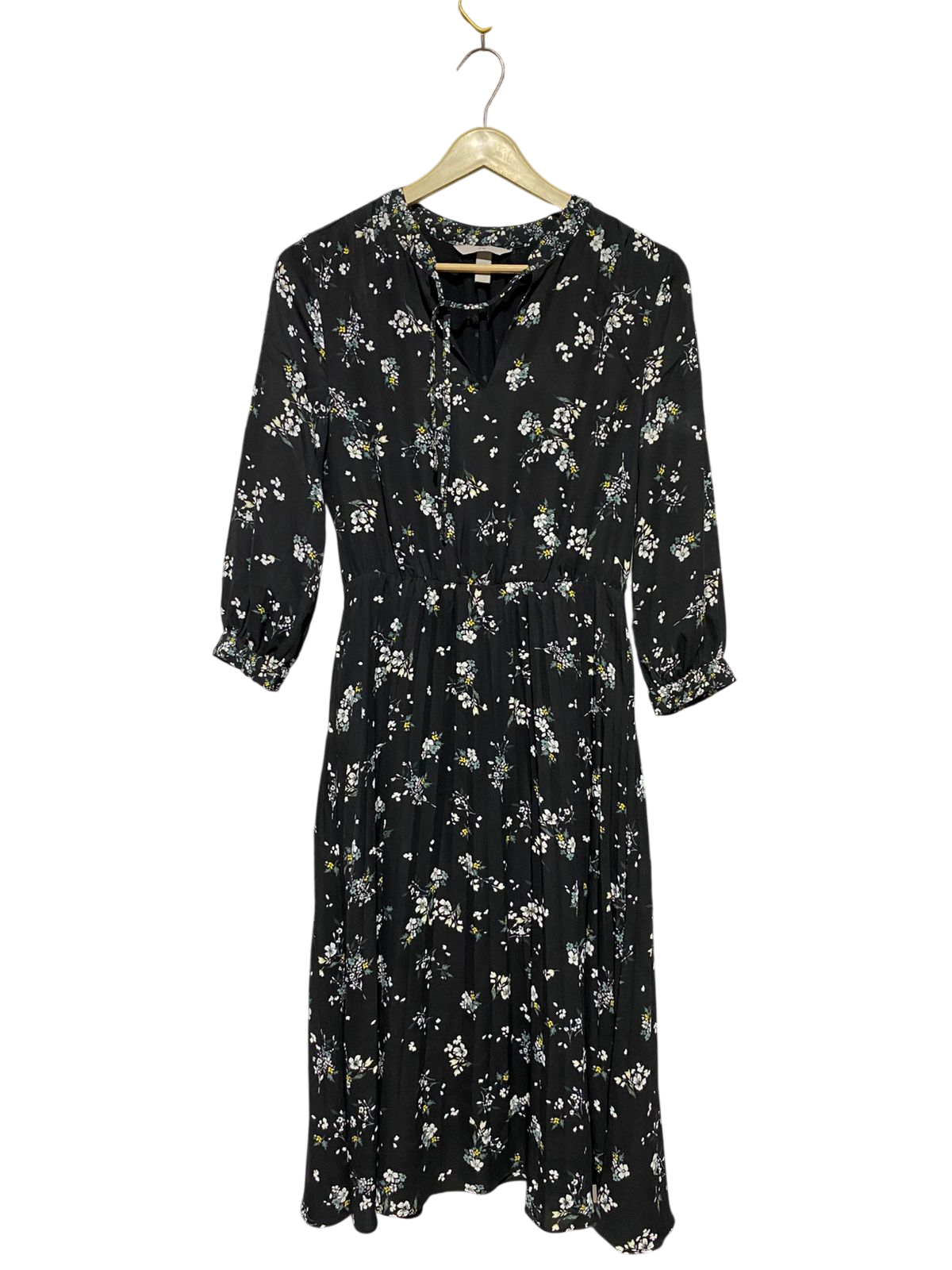 H&M |L| BUST 19| B19| BLACK FLORAL PRINT LONG SLEEVE MIDI MAXI DRESS