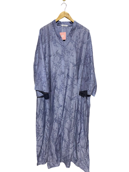 WHITE ICY |XL| BUST 24| B19| DUSTY BLUE ORIENTAL BIRD & FLORAL PRINT V-NECK MAXI ABAYA DRESS