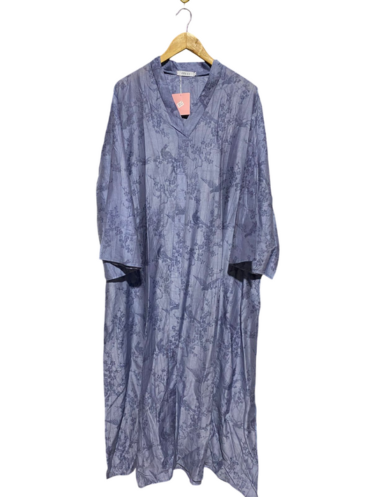 WHITE ICY |XL| BUST 24| B19| DUSTY BLUE ORIENTAL BIRD & FLORAL PRINT V-NECK MAXI ABAYA DRESS
