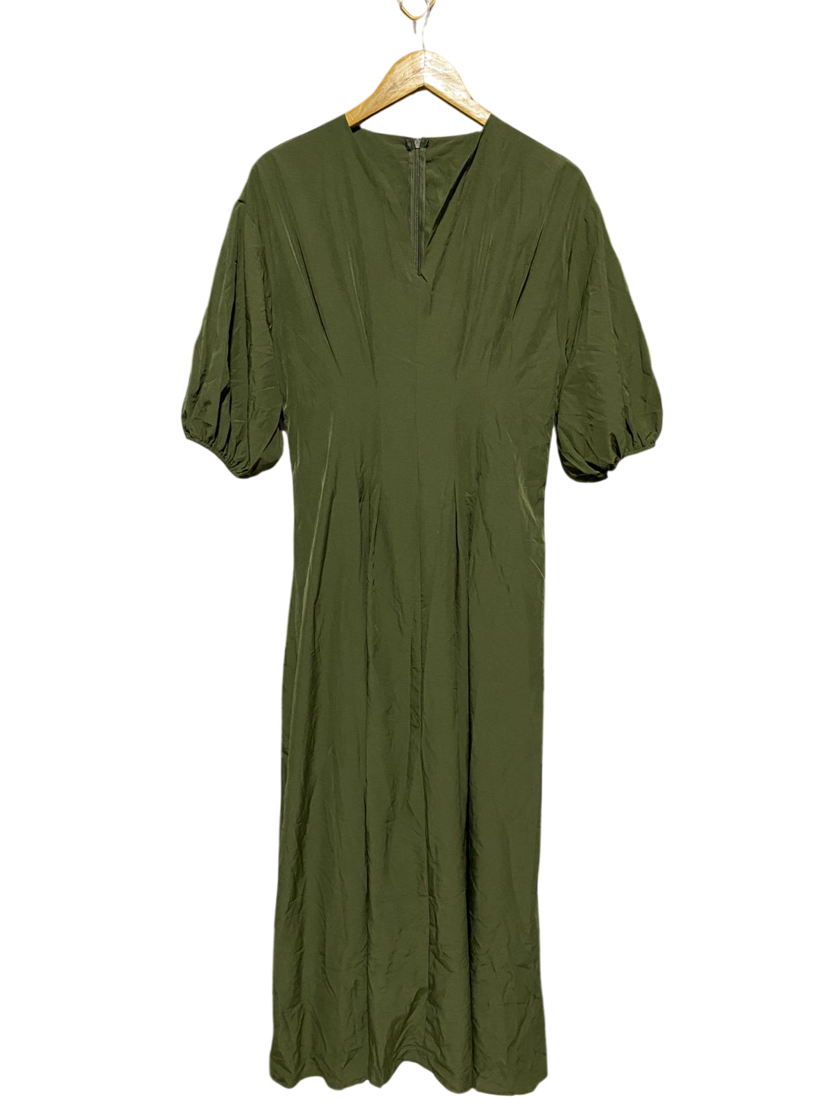SHEIN |L| BUST 17| B19| OLIVE GREEN V-NECK PUFF SLEEVE MIDI DRESS WITH EMPIRE WAIST