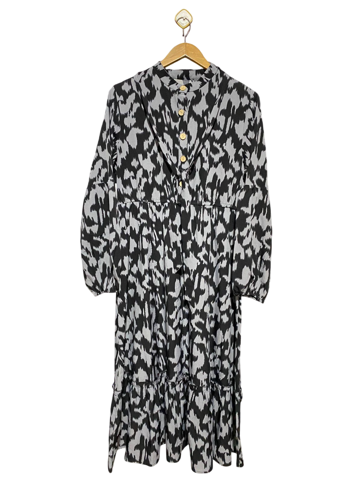 SHEIN |XL| BUST 20| B19| BLACK AND GREY ABSTRACT PRINT BUTTON-DOWN TIERED MAXI DRESS