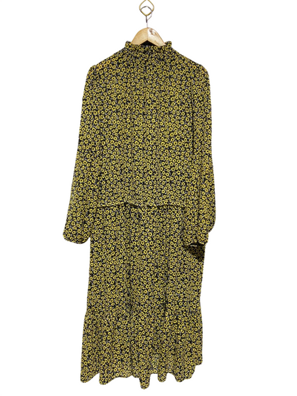 |XL| BUST 25| B19| YELLOW FLORAL DITSY PRINT HIGH NECK LONG SLEEVE TIERED MAXI DRESS