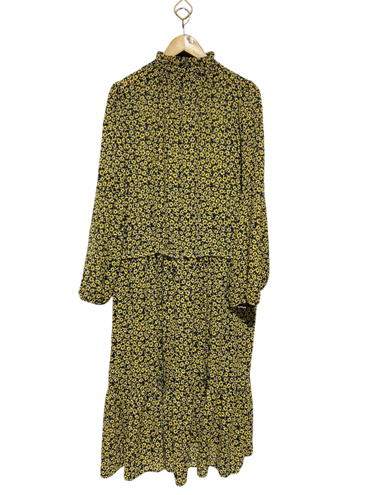 |XL| BUST 25| B19| YELLOW FLORAL DITSY PRINT HIGH NECK LONG SLEEVE TIERED MAXI DRESS