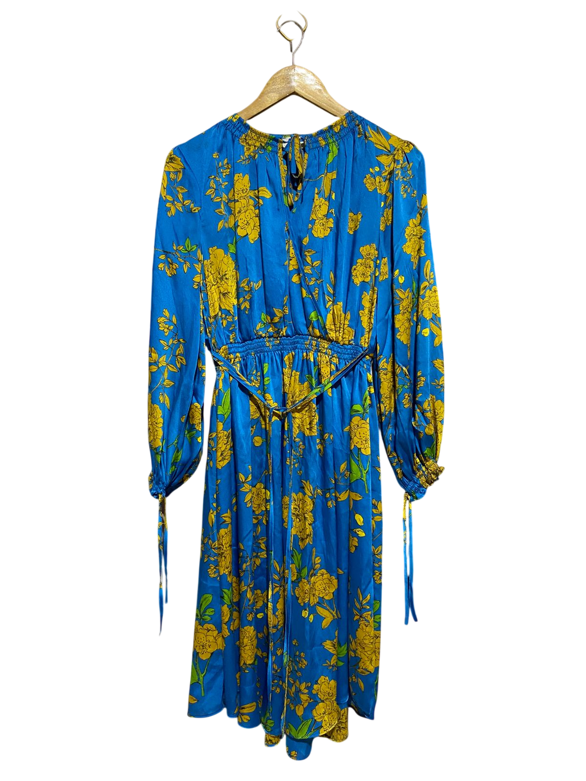 RIVER ISLAND |XL| BUST 19| B19| BLUE FLORAL PRINT SATIN FINISH LONG SLEEVE MIDI DRESS