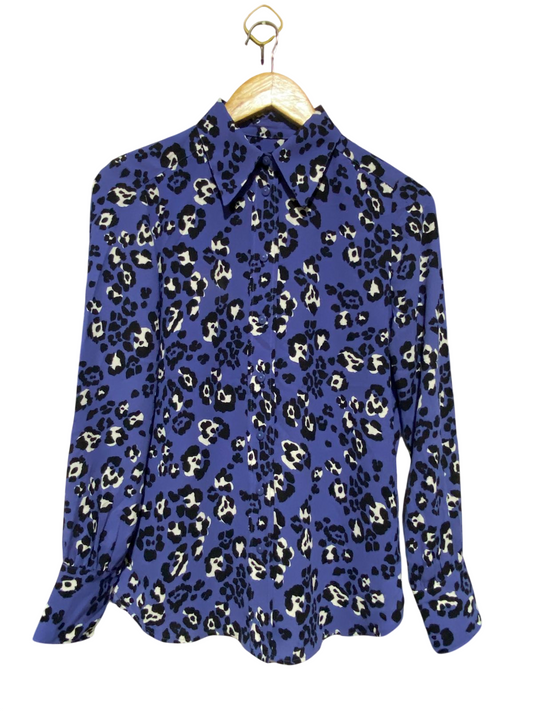 M&S |L| BUST 19| B19| VIBRANT BLUE LEOPARD PRINT BUTTON-DOWN BLOUSE
