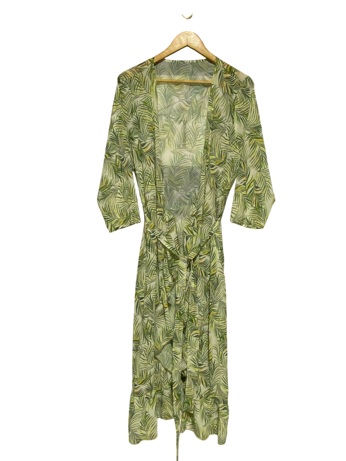 |XL| BUST 20| B19| TROPICAL FERN PRINT OPEN-FRONT MAXI KIMONO - LIME GREEN