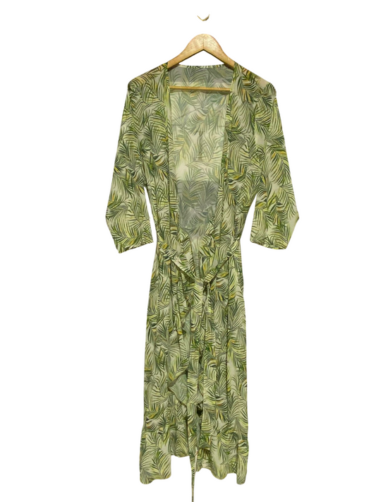 |XL| BUST 20| B19| TROPICAL FERN PRINT OPEN-FRONT MAXI KIMONO - LIME GREEN